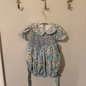 NWT 9M Smocked Baby Girl Floral Romper with Peter Pan Collar